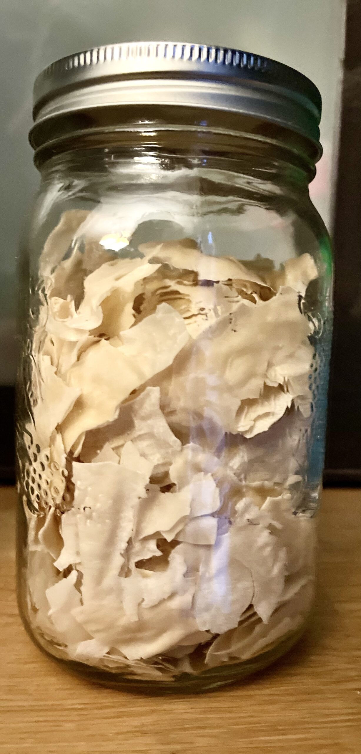 Dehydrated Sourdough Starter crumbled up for storage in a glass jar