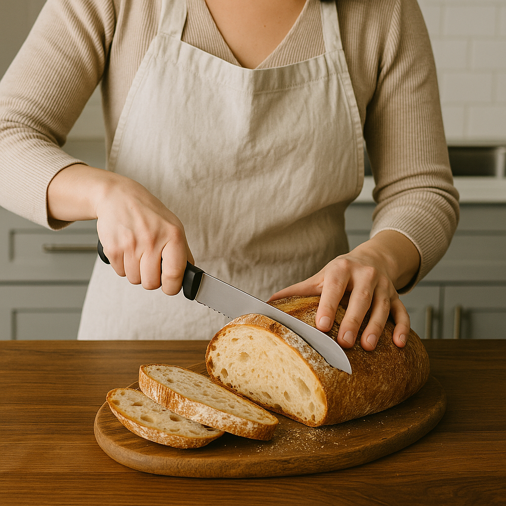 Slicing Bread Slicing a sourdough loaf before freezing to maximize health benefits and resistant starch