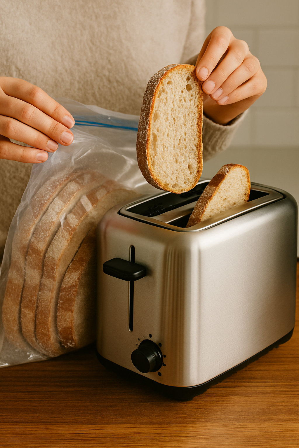 Toasting Frozen Bread Frozen sourdough bread slice being toasted for added resistant starch and lower blood sugar impact