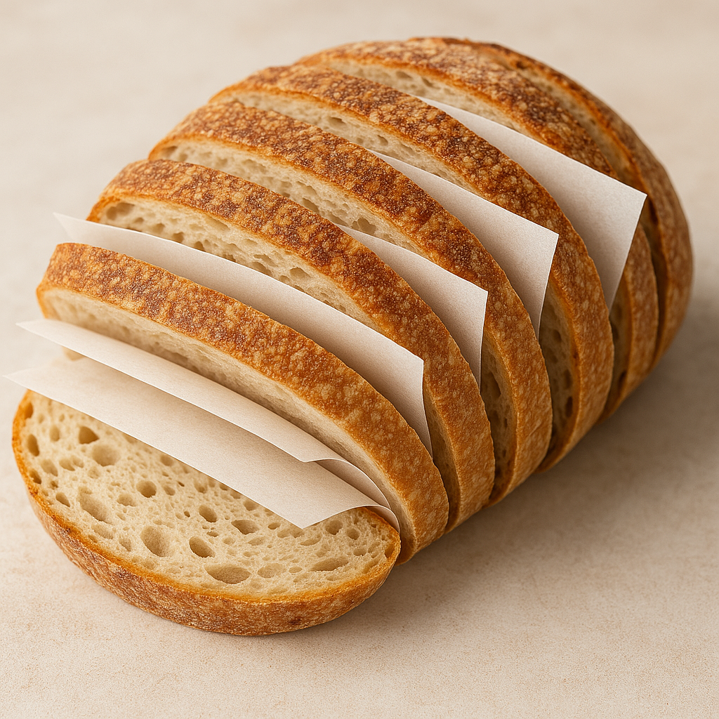 bread with parchment paper Sliced sourdough bread with parchment paper between slices ready for freezing to improve health benefits