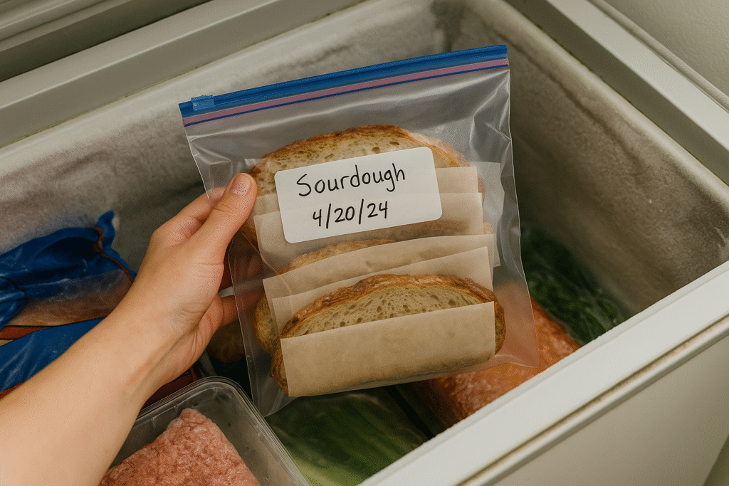 freezing bread for better health Artisan sourdough bread stored in a labeled freezer bag to capture freezing bread health benefits