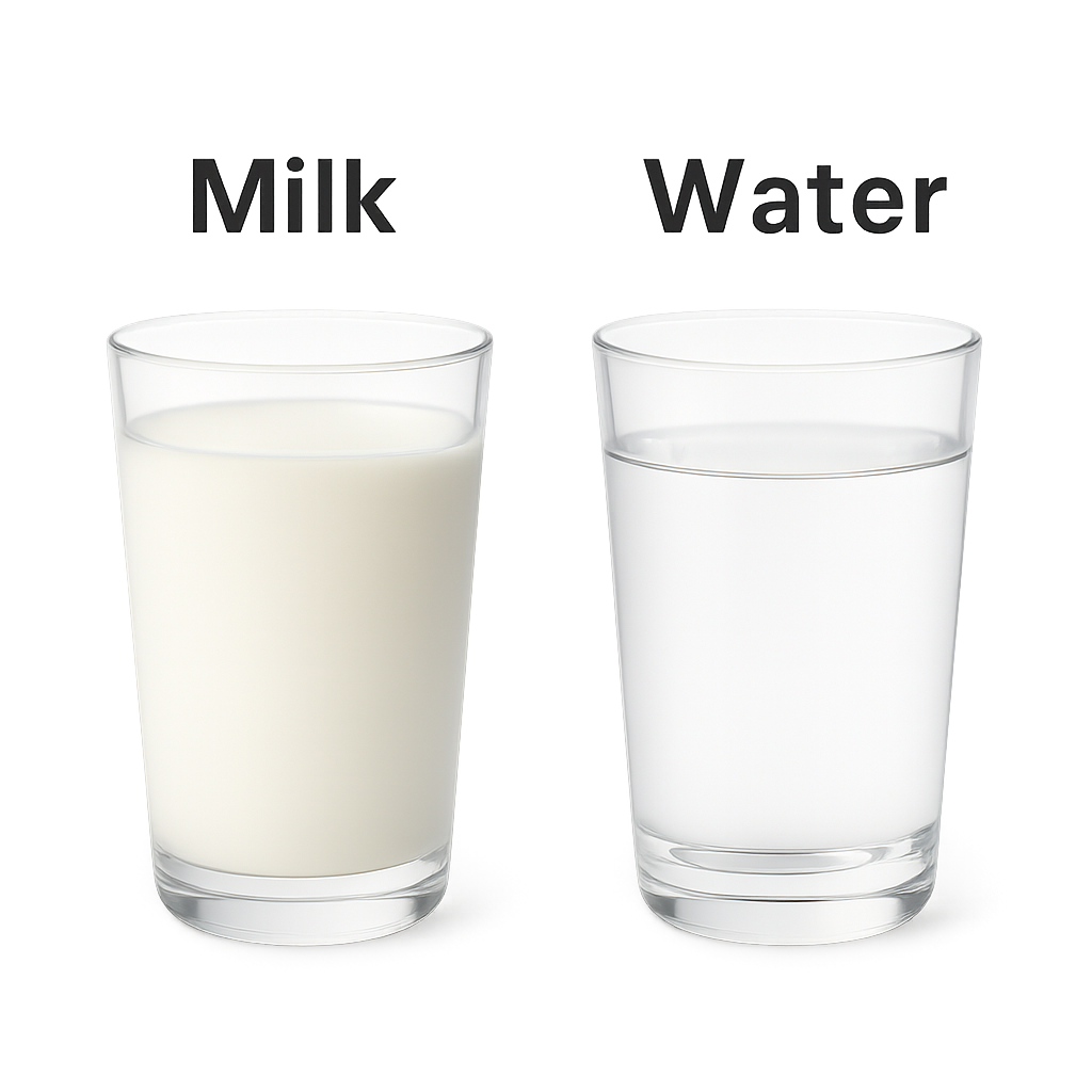 Two clear glasses side by side, one filled with milk and the other with water, demonstrating the difference between using milk and water in sourdough bread baking