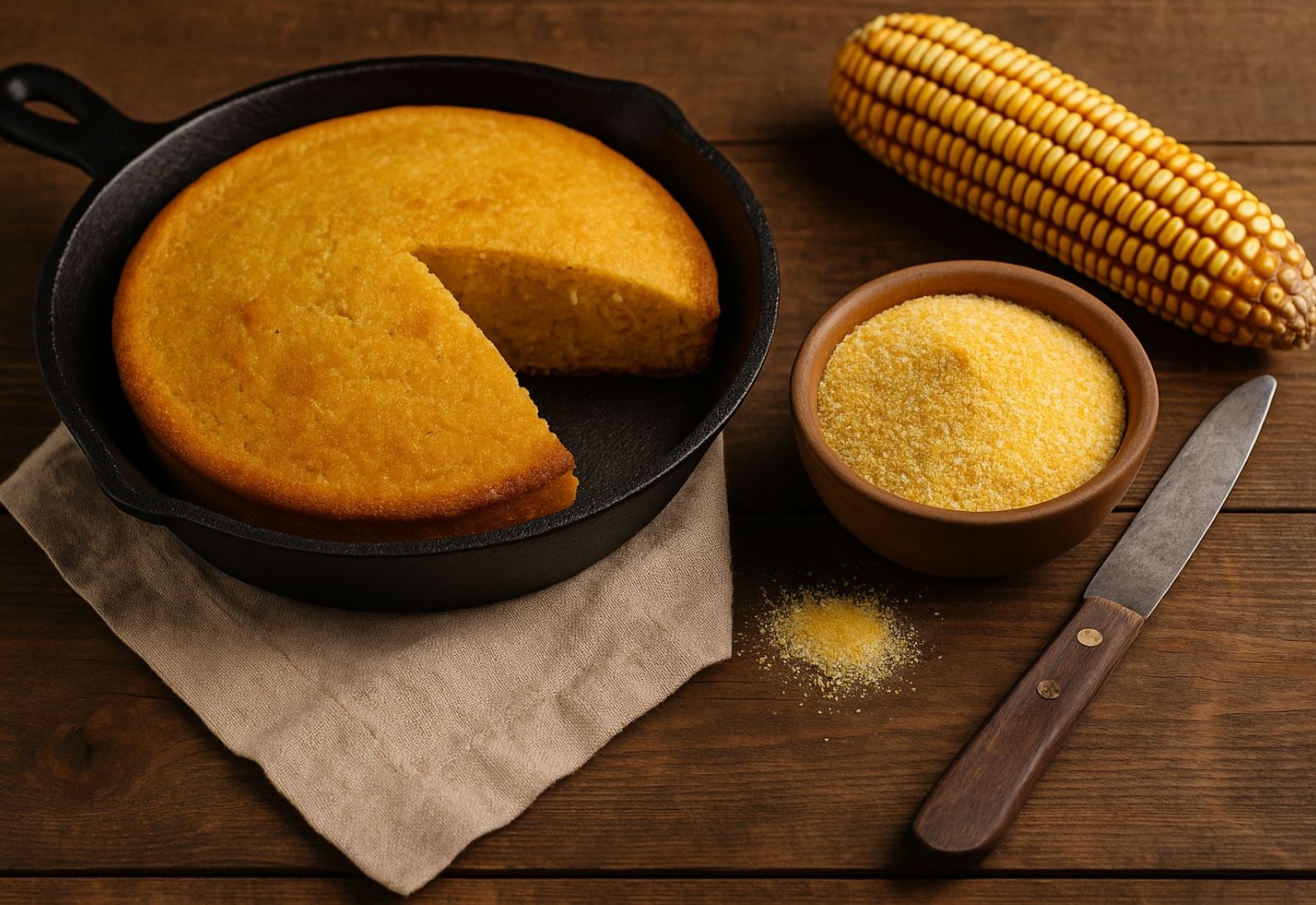 Rustic cast-iron skillet cornbread with a slice removed, surrounded by cornmeal and a dried corn cob on a wooden table, representing the traditional roots of early American cornbread.