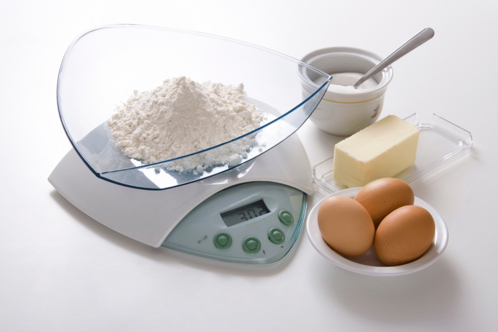 close up of flour being weighed in grams on digital kitchen scale for baker’s percentages