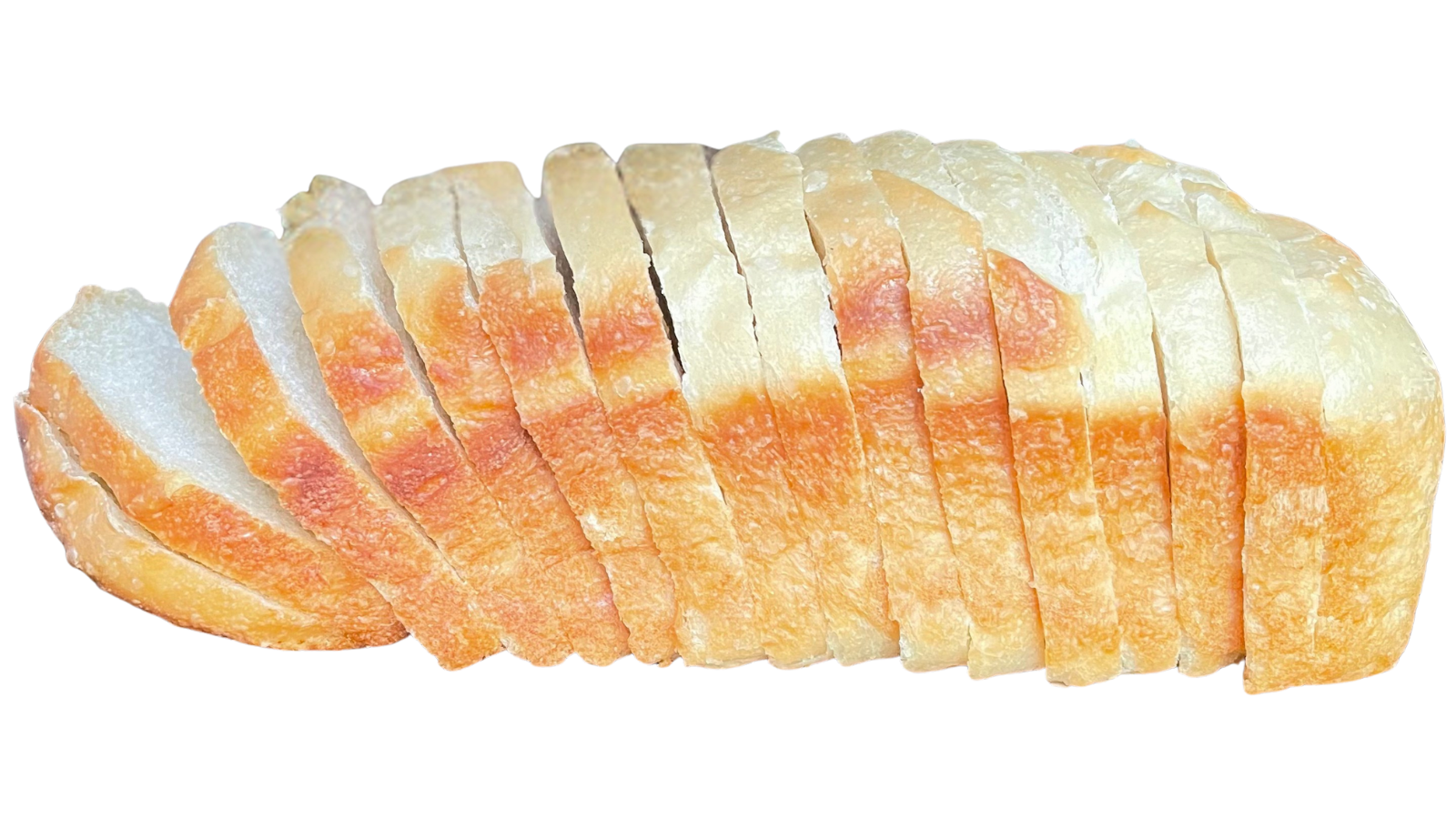 Sliced Honeycloud Sourdough Sandwich Bread A close-up photo of a fully sliced Honeycloud sourdough sandwich loaf, showcasing its soft golden crust and pillowy, cloud-like crumb texture.
