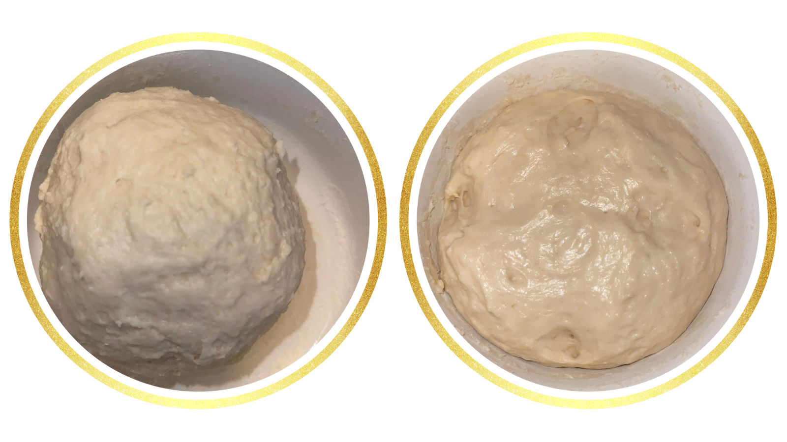 Sweet stiff starter shown at two stages: freshly mixed stiff dough on the left and fully fermented, domed sweet stiff starter ready to use on the right.