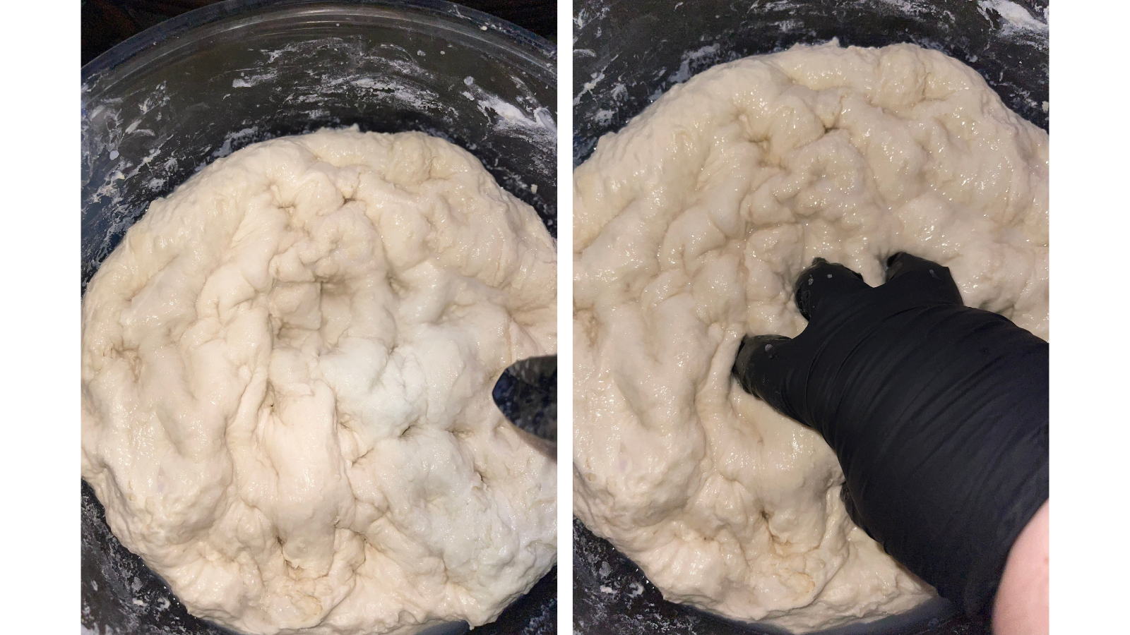 Salt being added to champagne sourdough dough by hand after fermentolyse, showing dough texture before stretch and folds