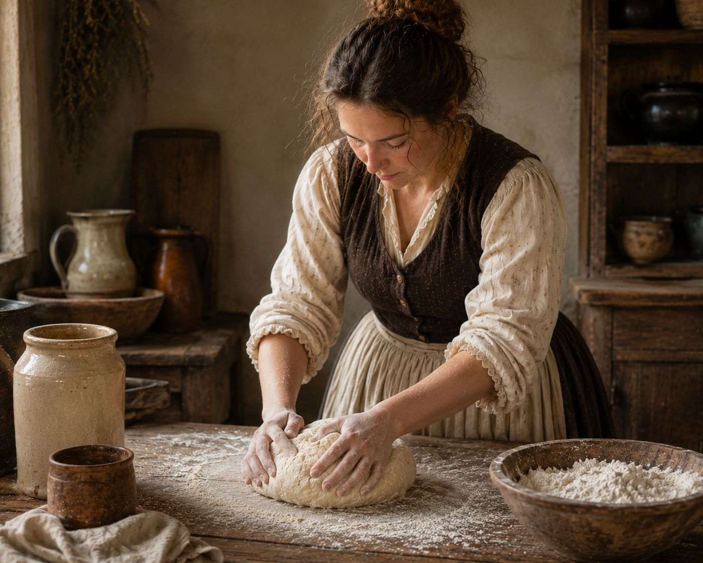 Woman in a rustic historical kitchen kneading sourdough bread by hand beside a starter jar, flour bowl, pottery, and wooden worktable.