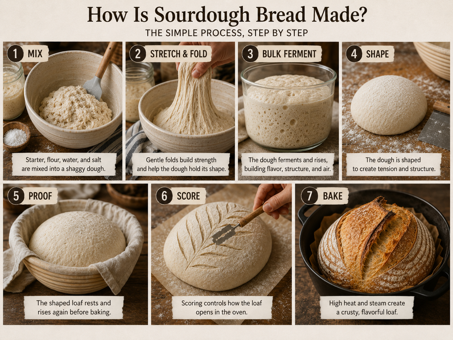 Step-by-step sourdough bread-making process showing mixing, stretching and folding, bulk fermentation, shaping, proofing, scoring, and baking.