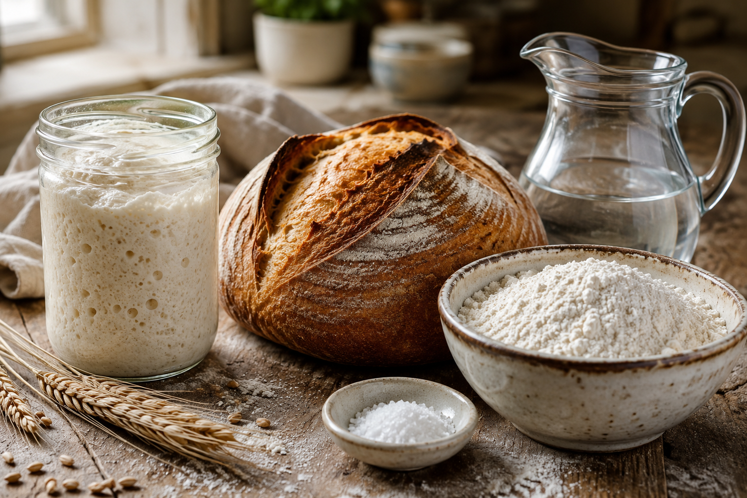 Rustic sourdough loaf displayed with active sourdough starter, flour, water, and salt on a wooden table.