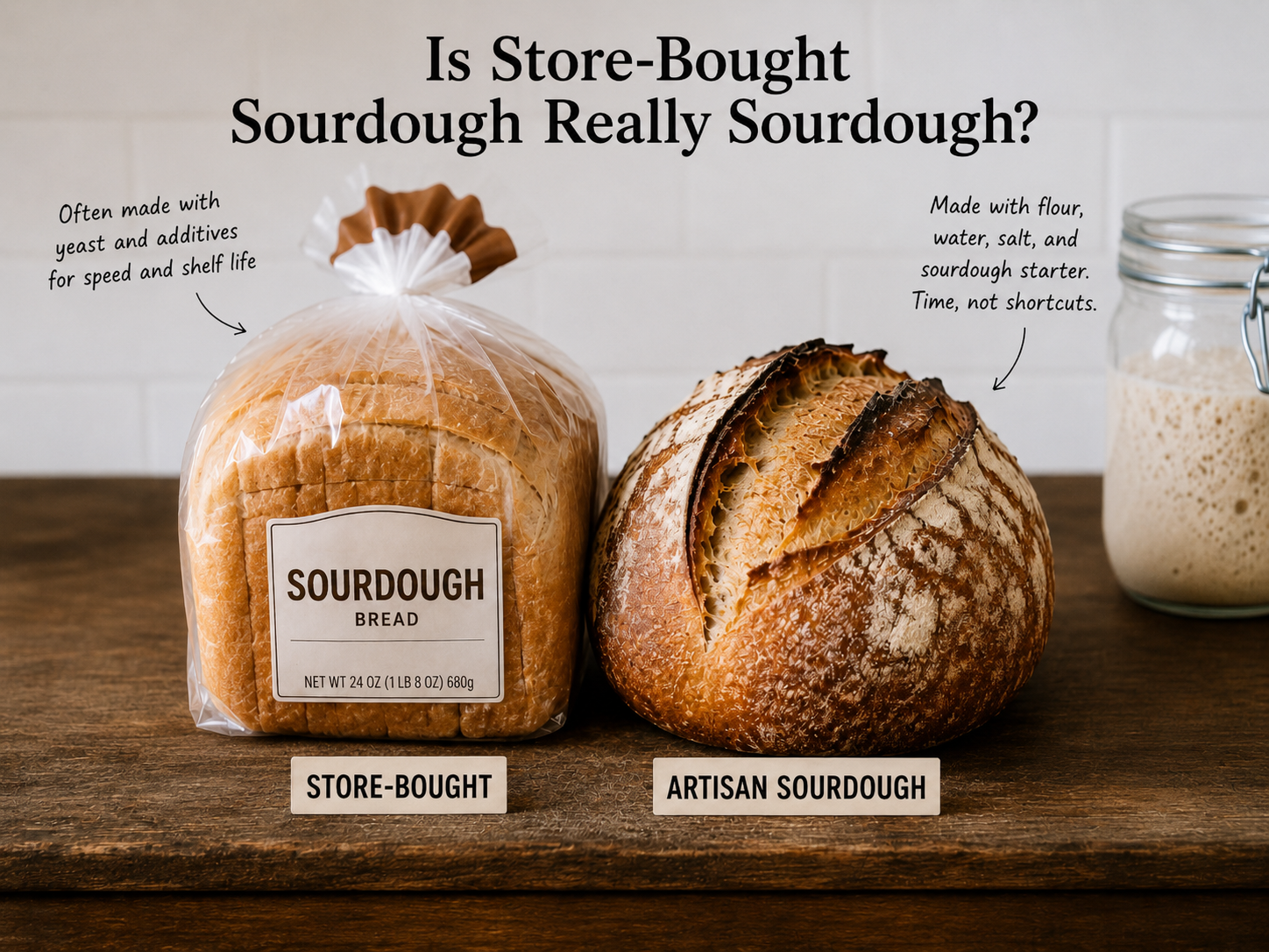 Store-bought sliced sourdough bread in plastic packaging beside a rustic artisan sourdough loaf and active starter, comparing commercial and traditionally fermented sourdough.