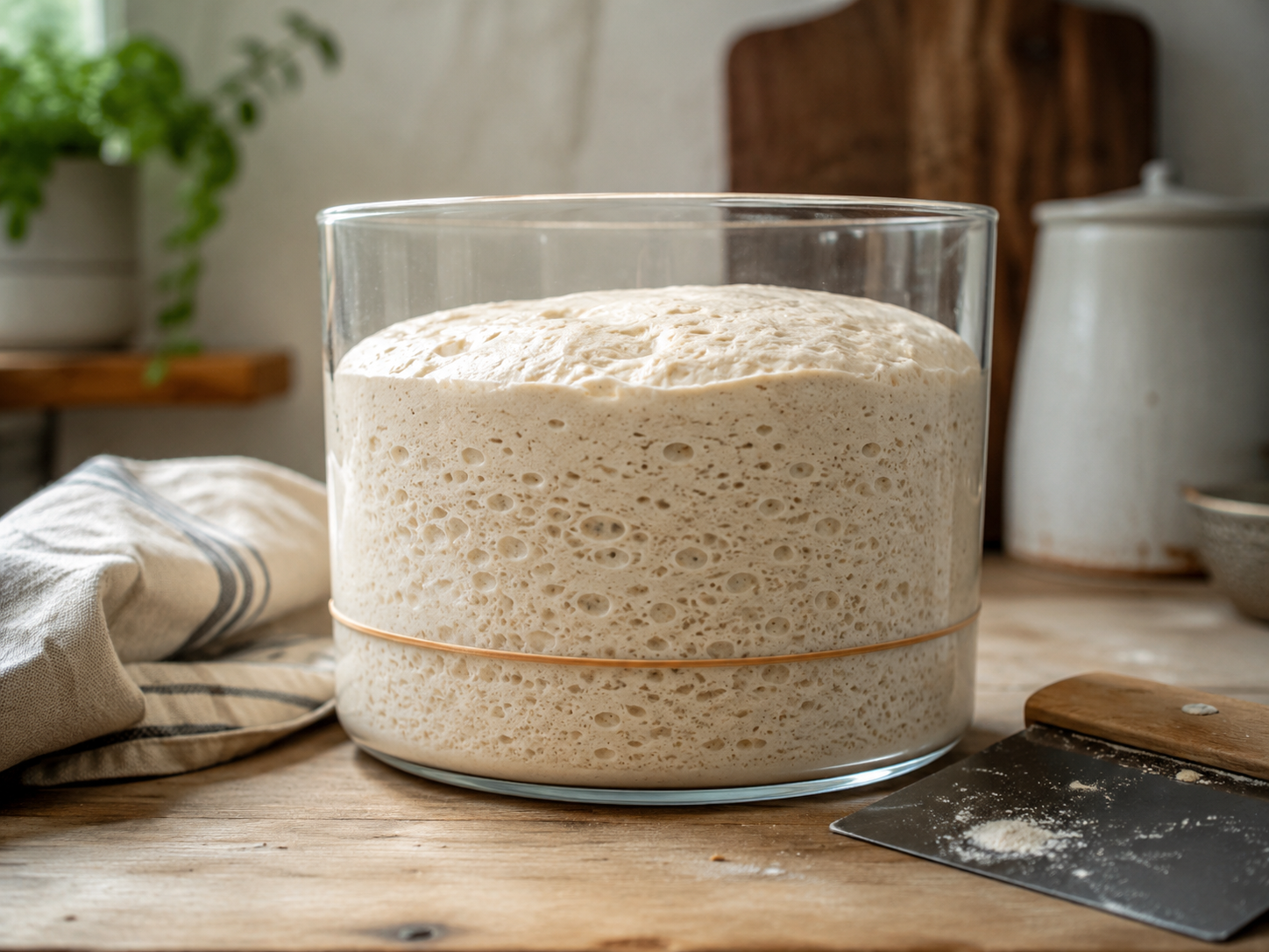 Sourdough dough rising during bulk fermentation in a clear container, showing visible bubbles, increased volume, and a rounded surface.
