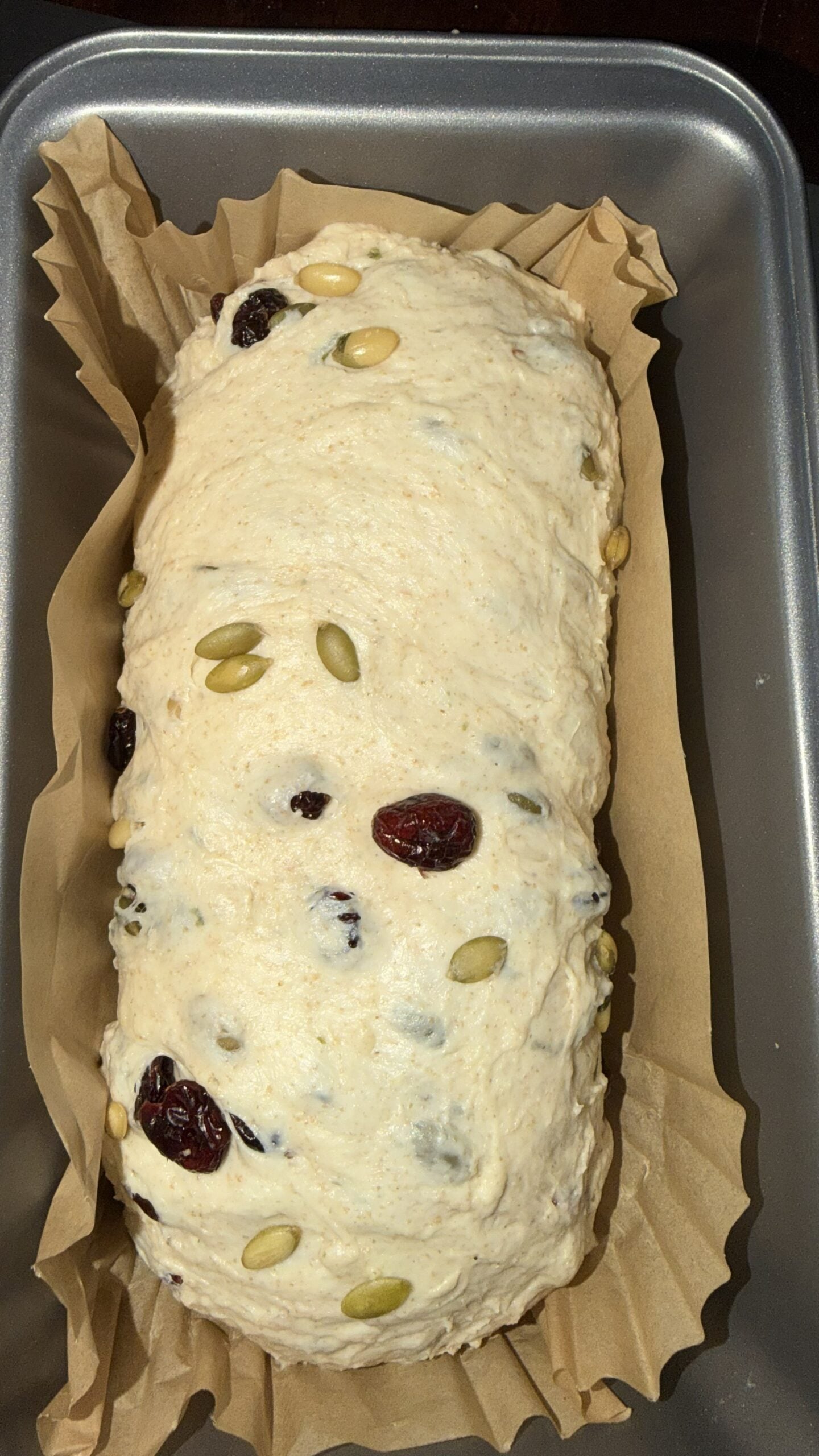 Shaped cranberry pumpkin seed sourdough sandwich loaf in a parchment-lined loaf pan before refrigeration