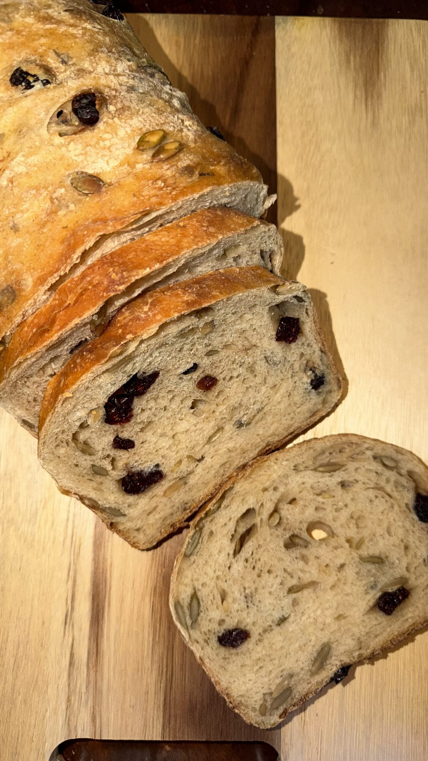 Sliced cranberry pumpkin seed sourdough sandwich bread showing dried cranberries, pumpkin seeds, and a soft sandwich-style crumb.