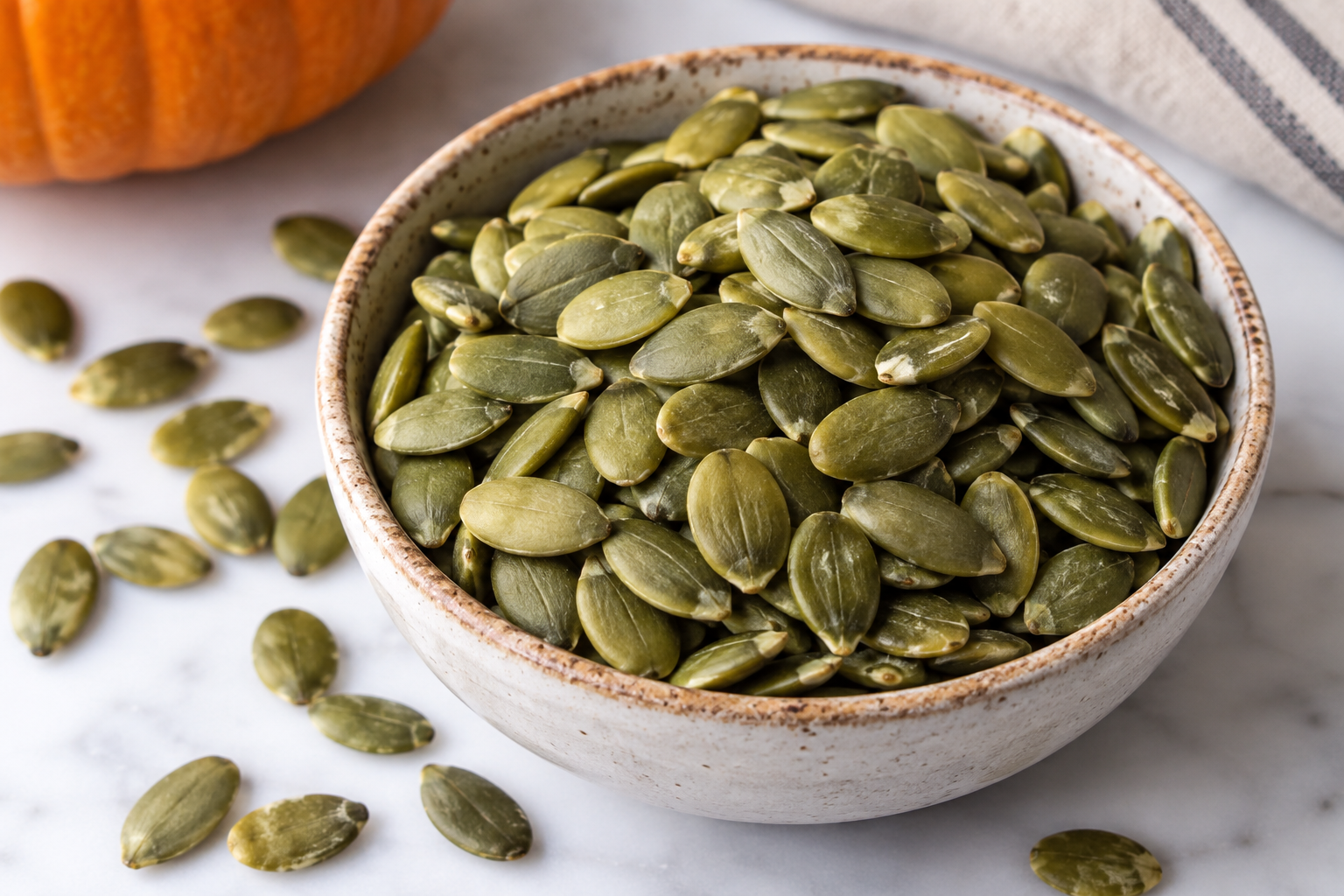 Green pumpkin seeds (pepitas) in a bowl for cranberry pumpkin seed sourdough sandwich bread