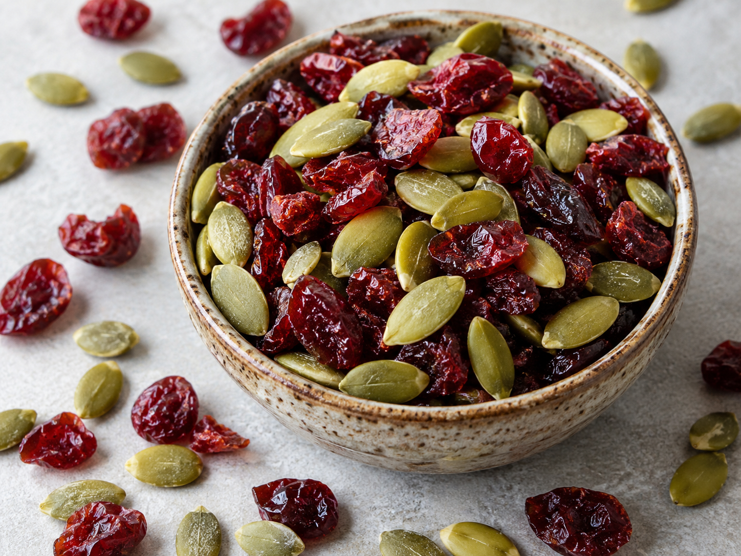 Dried cranberries and green pumpkin seeds (pepitas) mixed together in a bowl for cranberry pumpkin seed sourdough sandwich bread.